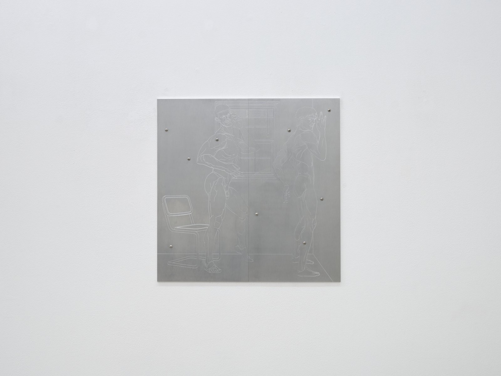 Two figures, one in antic posture